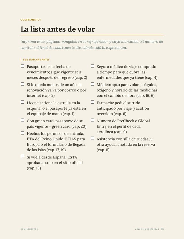 Página 206 de Volar sin sorpresas: complemento 1, la lista antes de volar.